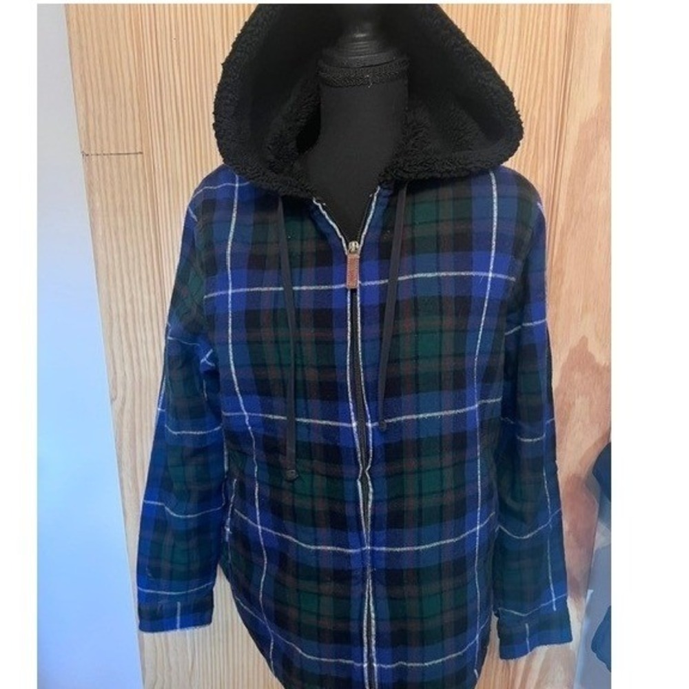 L.L. Bean Flannel Hoodie Women Medium Blue Green Plaid Sherpa Lined Full Zip